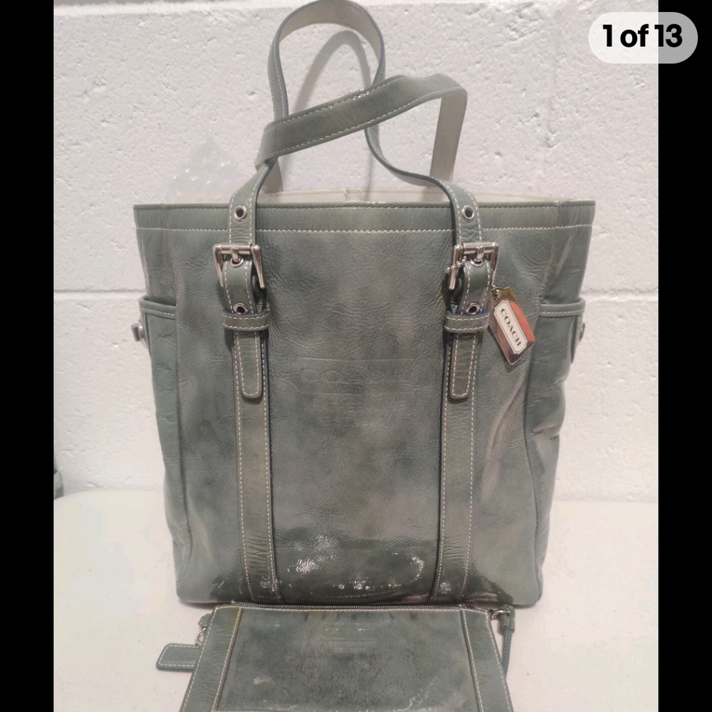 COACH No. M3Q-9786 Contrast Stitch Teal Glazed Leather Gallery Tote & Wallet